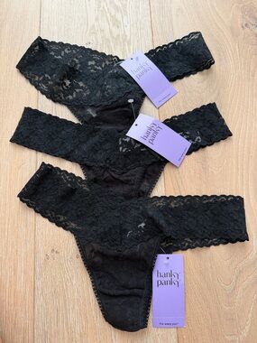 Hanky Panky Black Lace Thong Trio with Signature Lace Waistband
